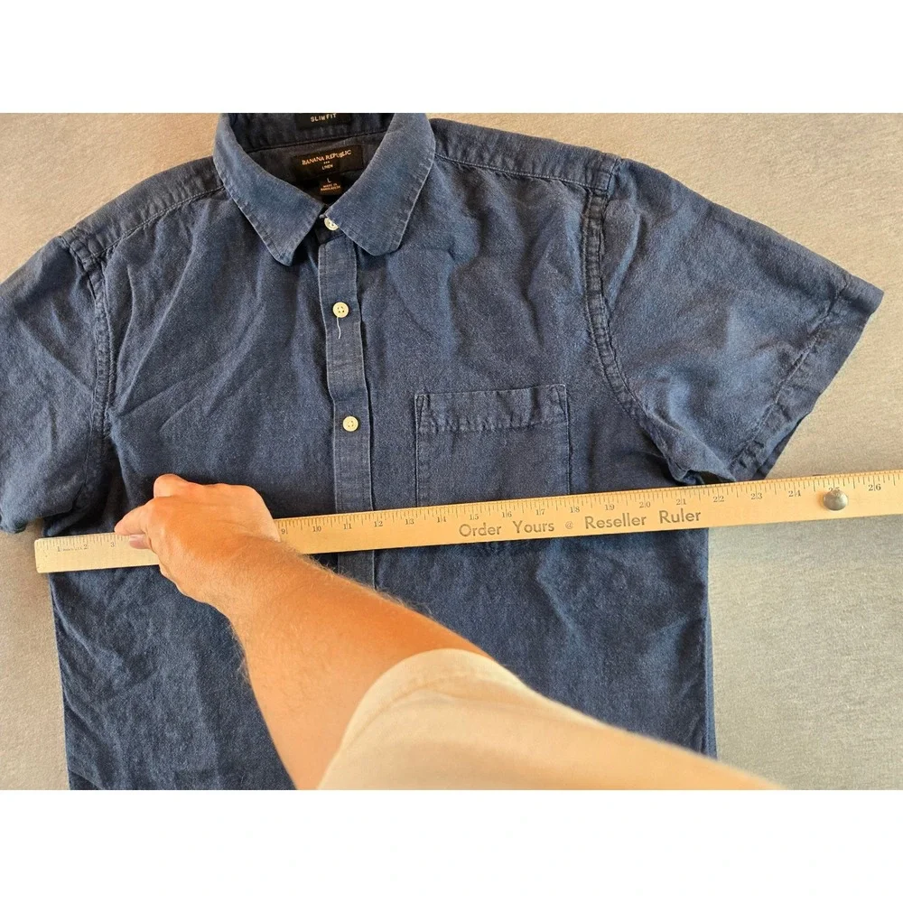 Banana Republic Button Down Shirt Mens Large Navy Blue Slim Fit Linen Cotton